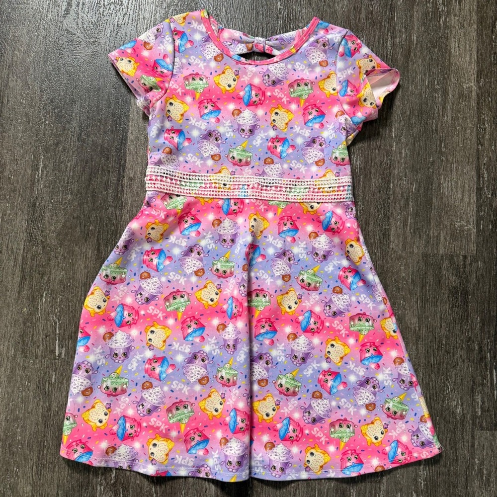 Shopkins Dress Girls Large 10/12 Pink Purple Skater SPK Characters Bow Back